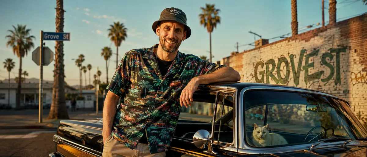 Tim Pitcher von PulsAItion lehnt entspannt an einem Oldtimer in einer sonnigen Straße mit Palmen